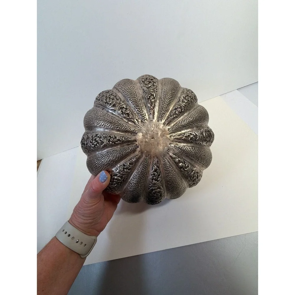 Vintage Middle Eastern ARTISAN HANDCRAFTED SILVER BOWL DISH PUMPKIN